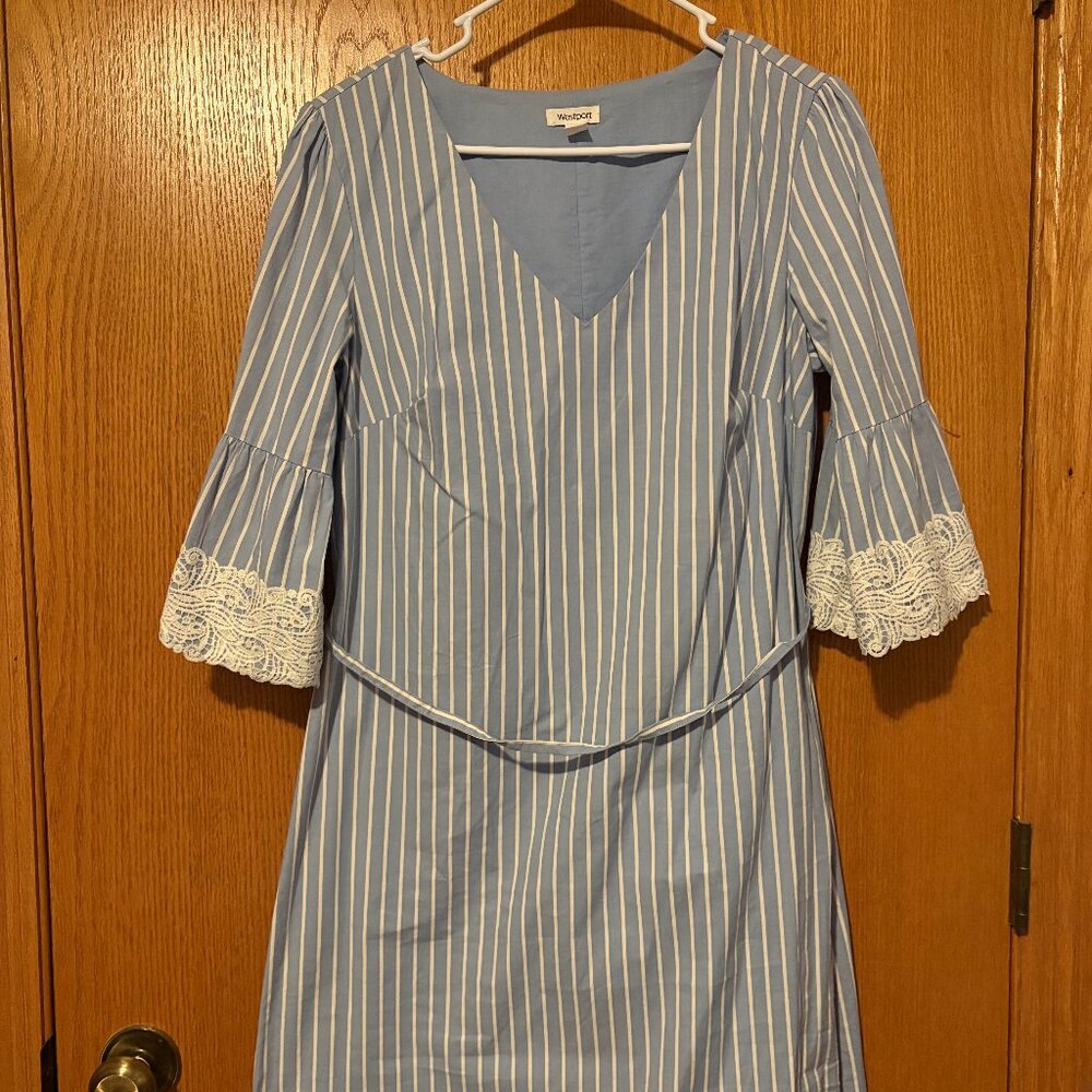 Light Blue + White Striped Dress with Lace Sleeves